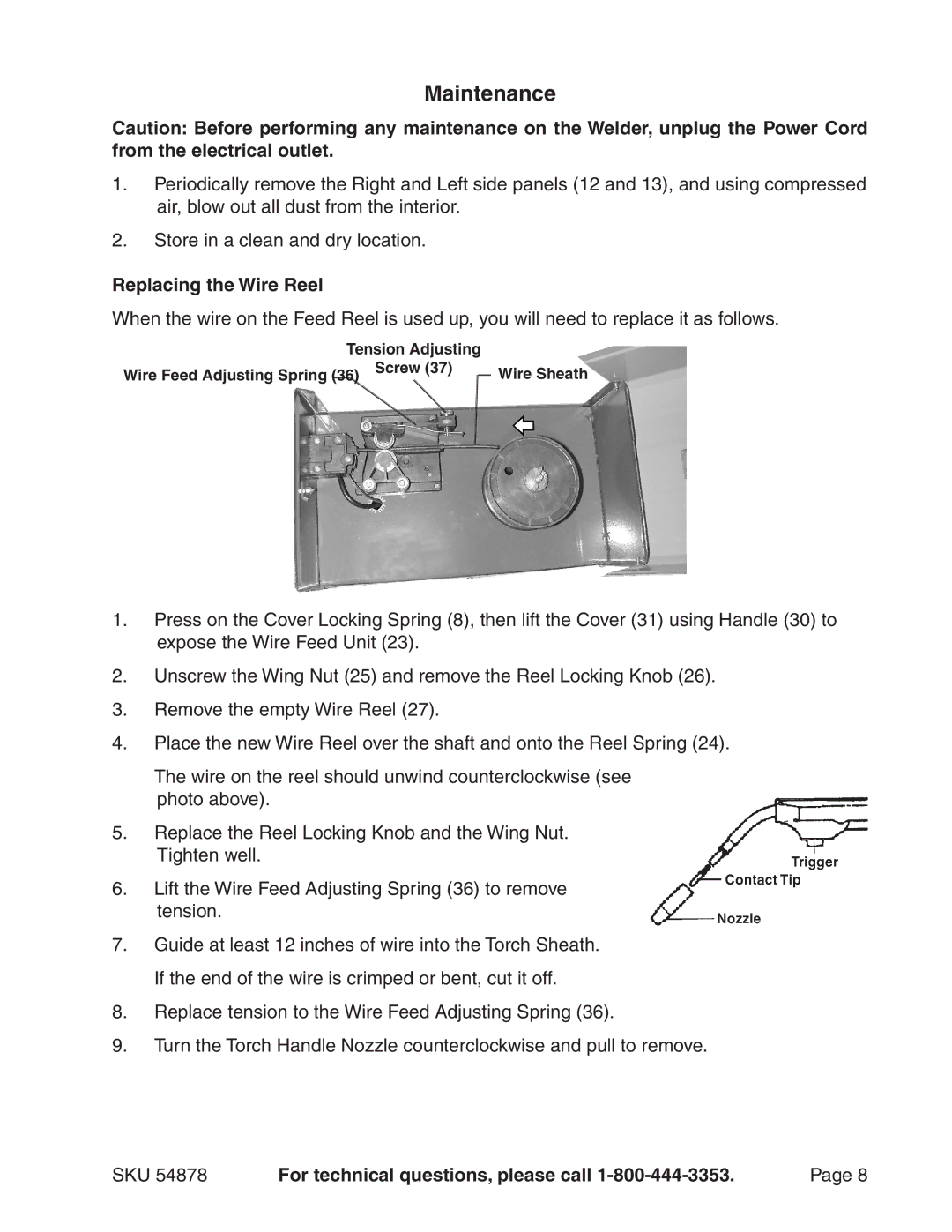 Chicago Electric 54878 manual Maintenance, Replacing the Wire Reel 