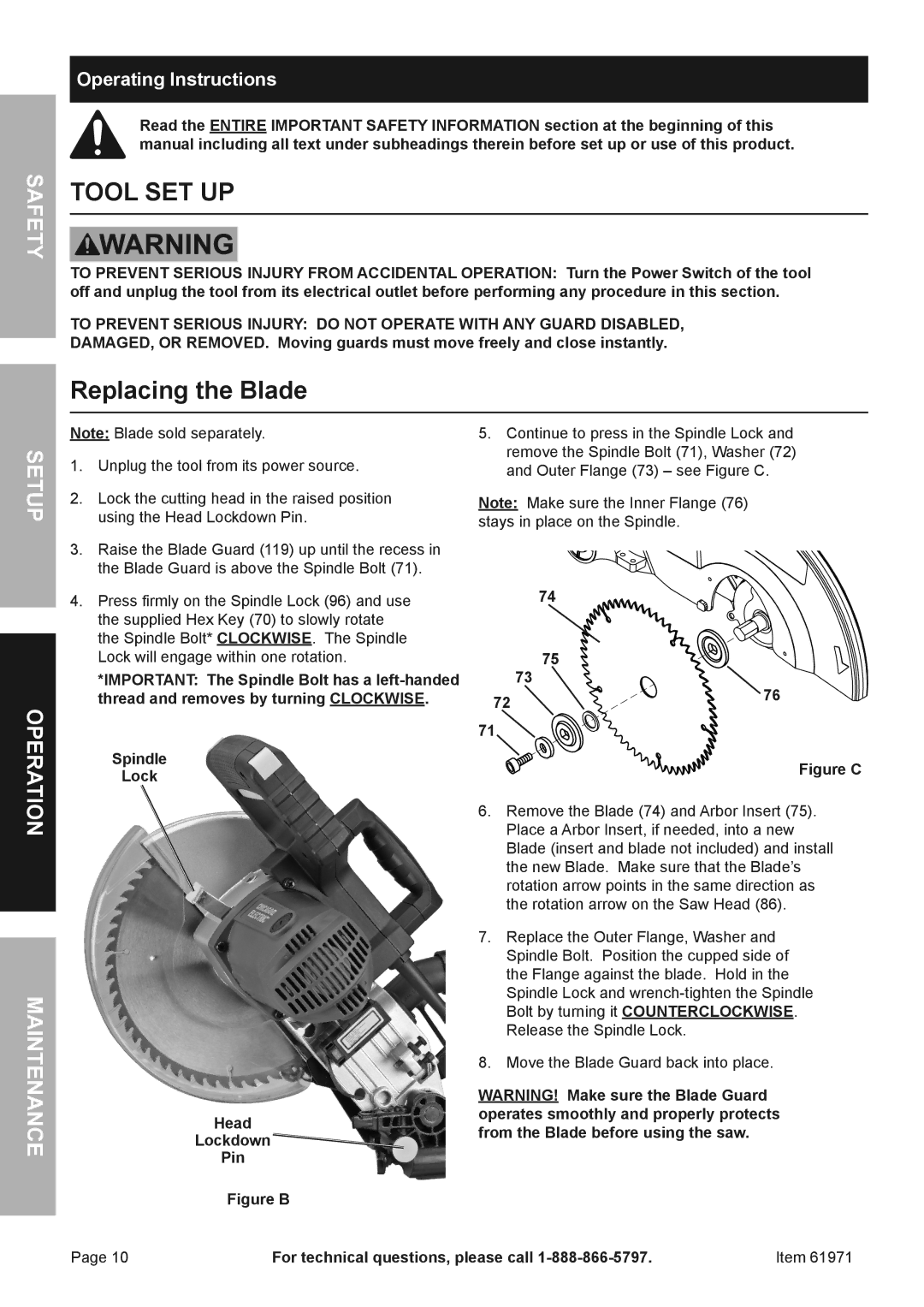 Chicago Electric 61971 owner manual Replacing the Blade, Operating Instructions 