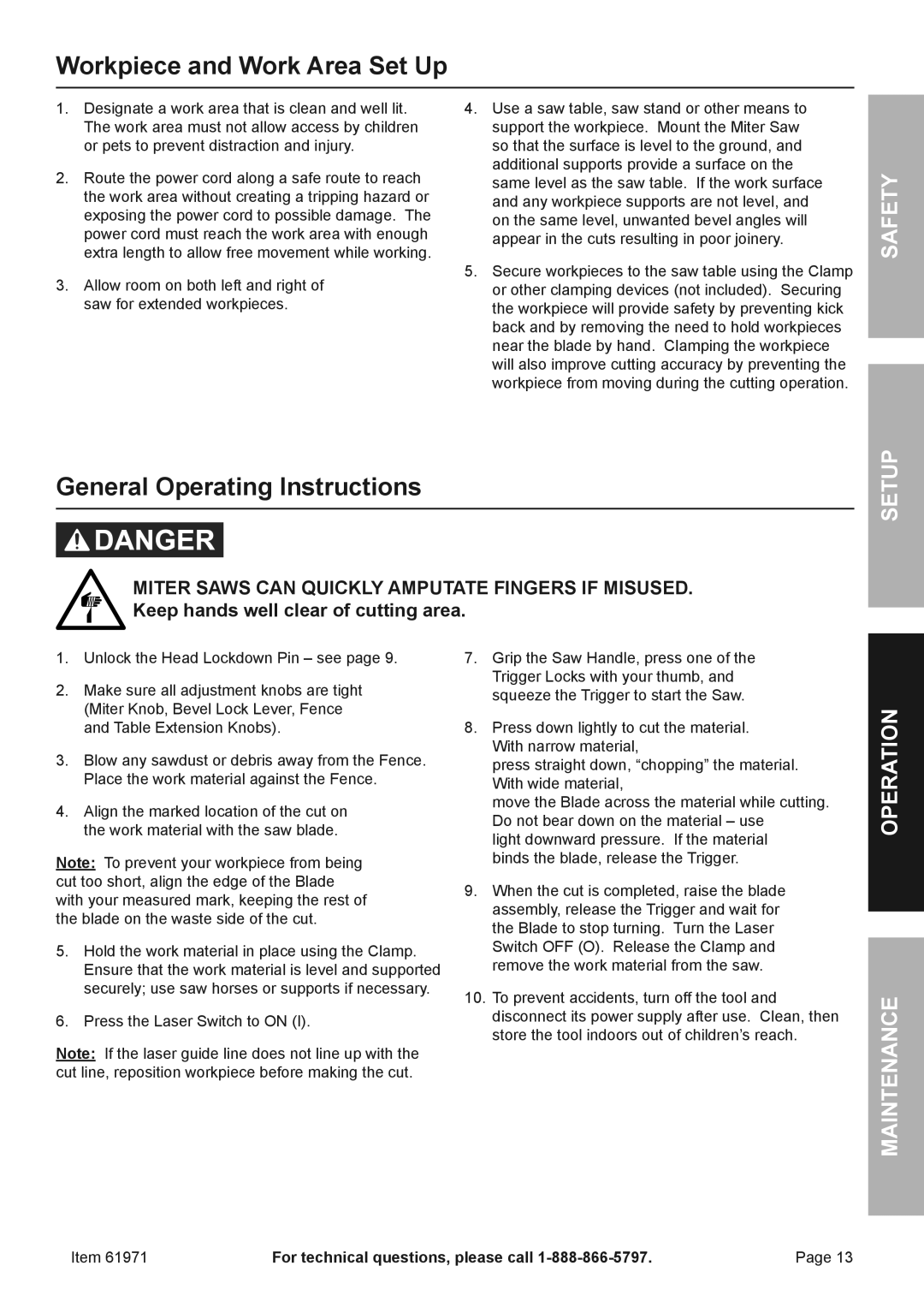 Chicago Electric 61971 owner manual Workpiece and Work Area Set Up, General Operating Instructions 