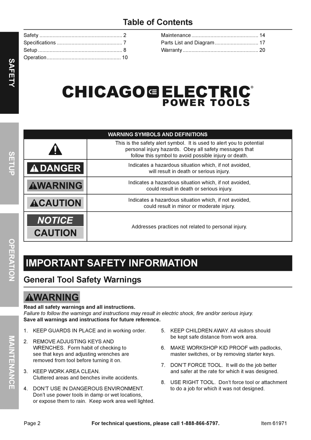 Chicago Electric 61971 owner manual Table of Contents, General Tool Safety Warnings 