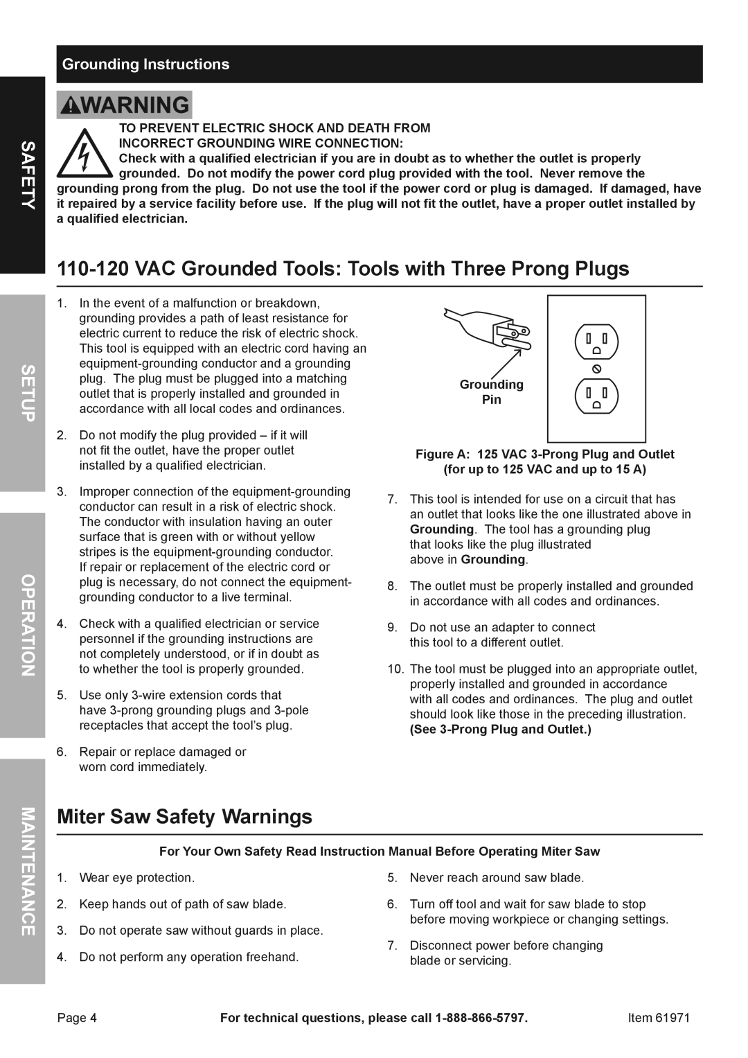 Chicago Electric 61971 VAC Grounded Tools Tools with Three Prong Plugs, Miter Saw Safety Warnings, Setup Operation 