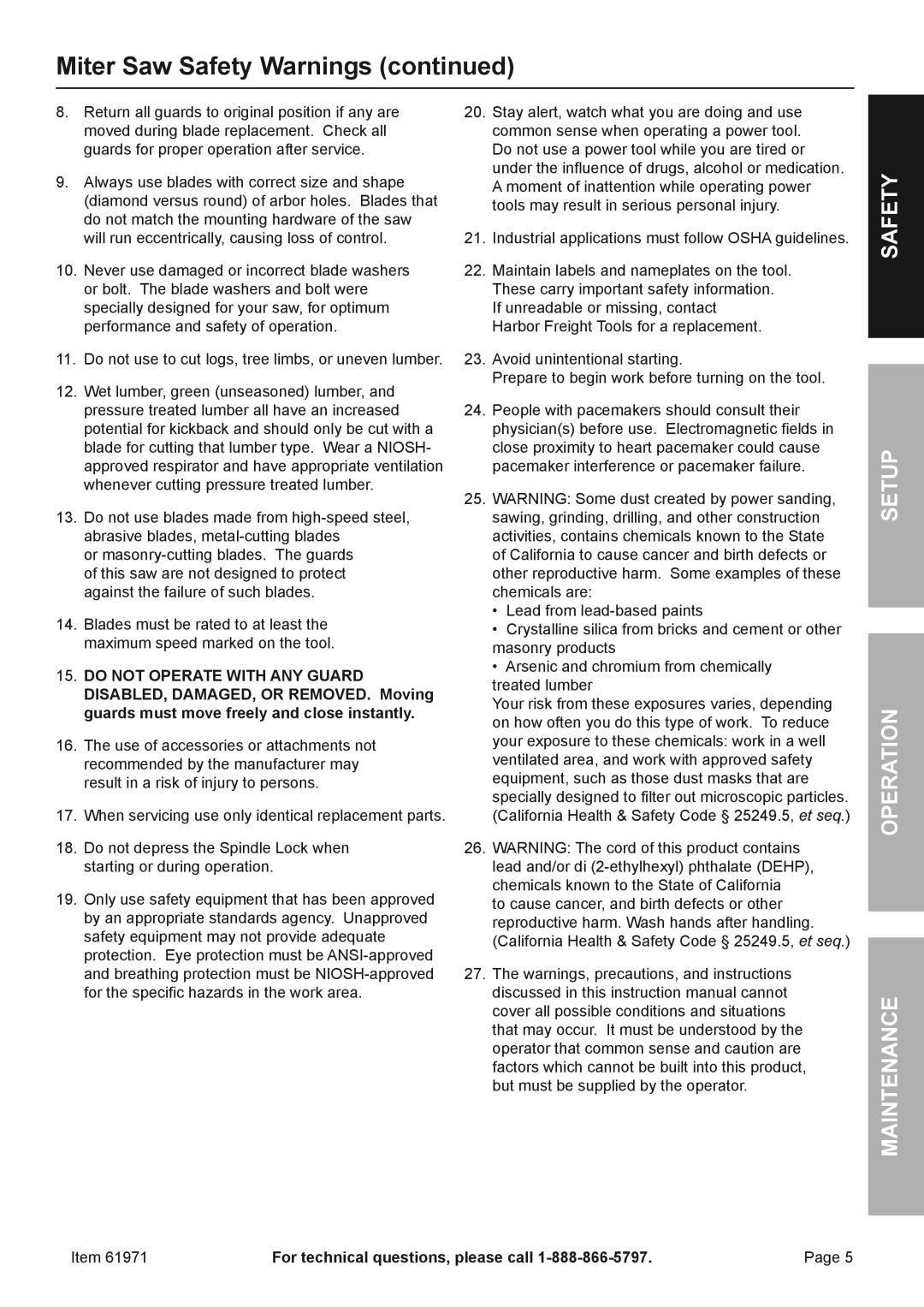 Chicago Electric 61971 owner manual Miter Saw Safety Warnings 