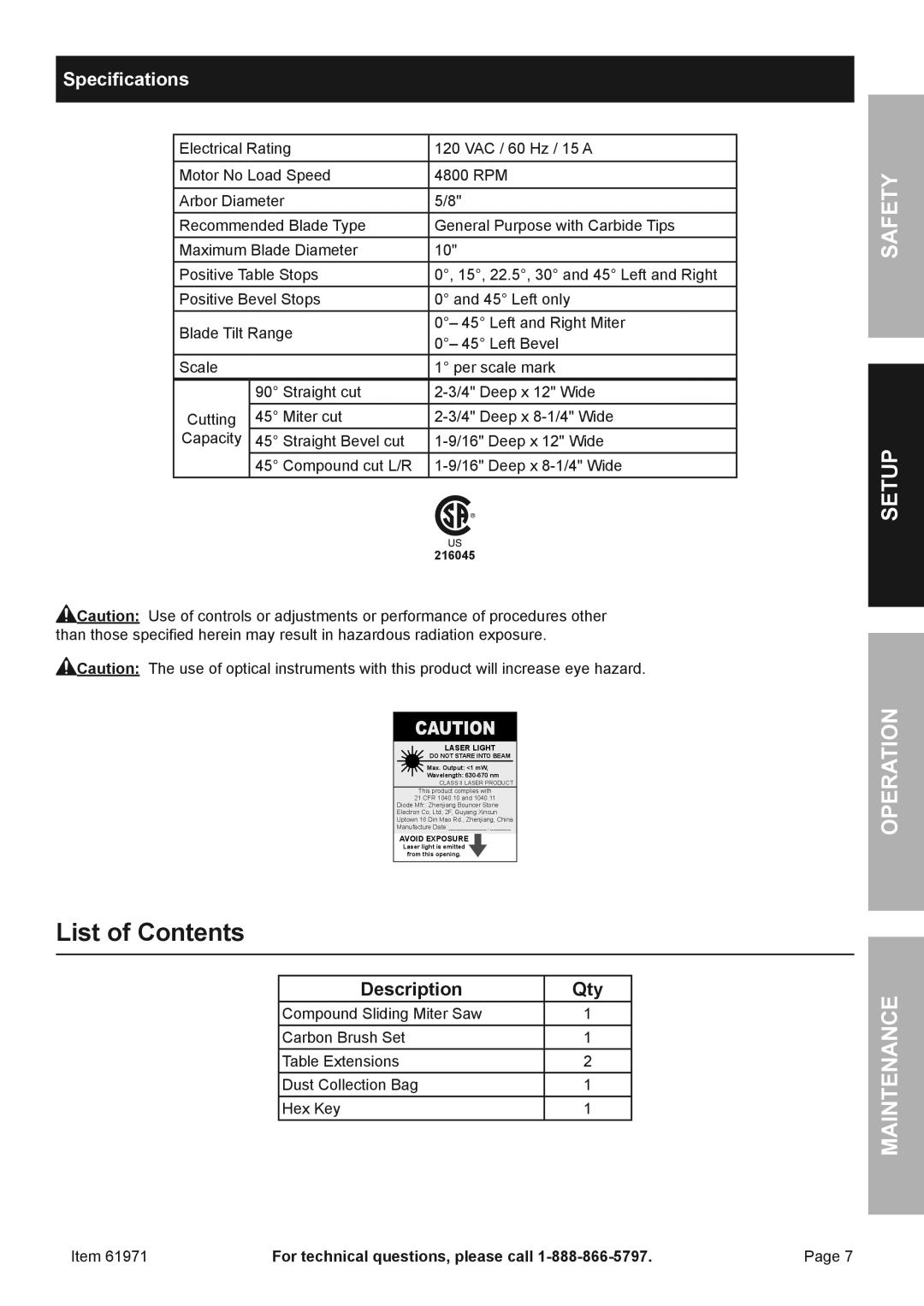 Chicago Electric 61971 owner manual List of Contents 