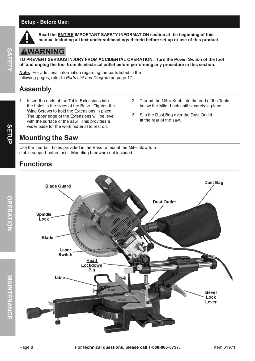 Chicago Electric 61971 owner manual Assembly, Mounting the Saw, Functions, Safety Setup, Operation Maintenance 