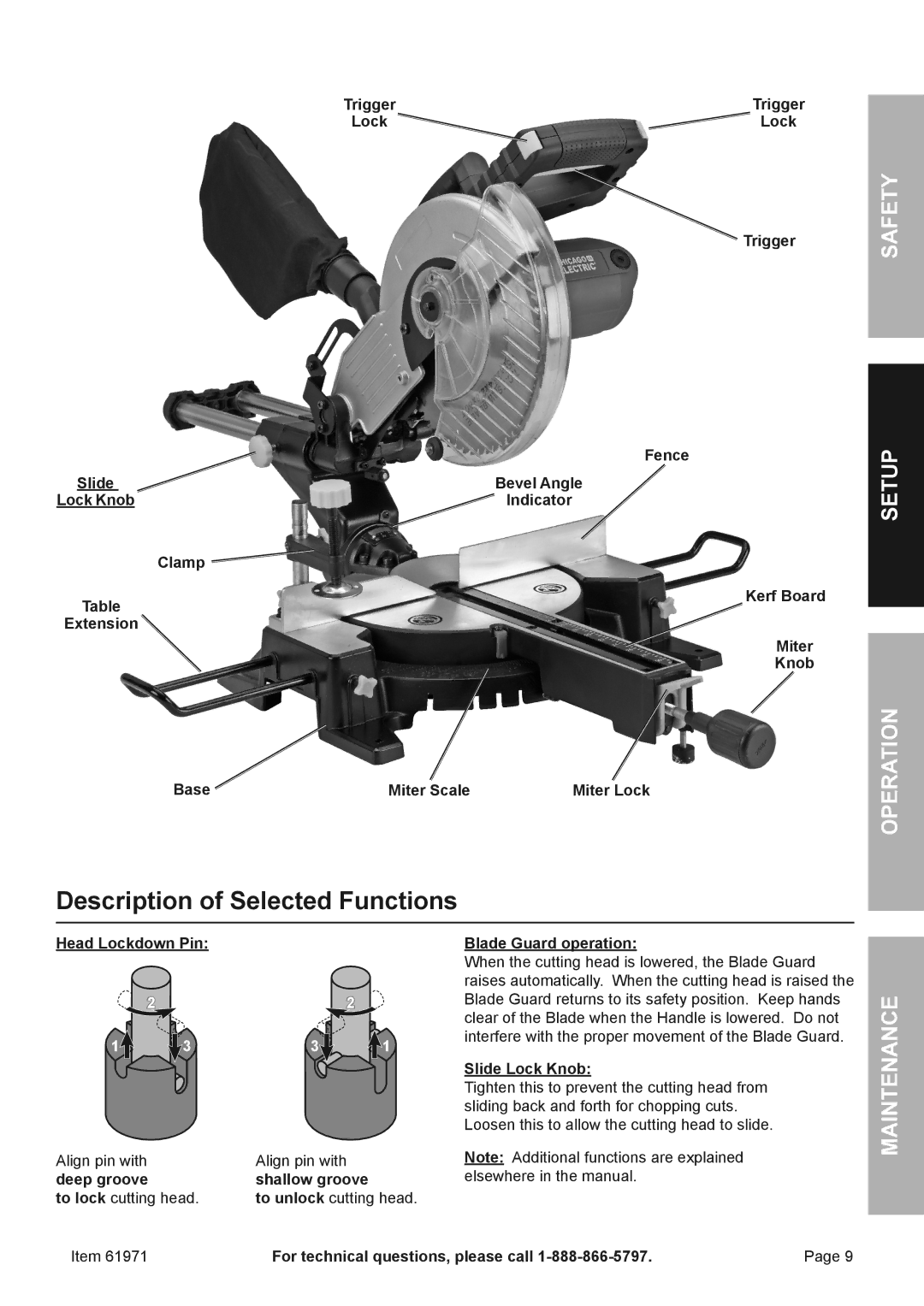 Chicago Electric 61971 Description of Selected Functions, Lock Trigger Fence, Head Lockdown Pin, Blade Guard operation 