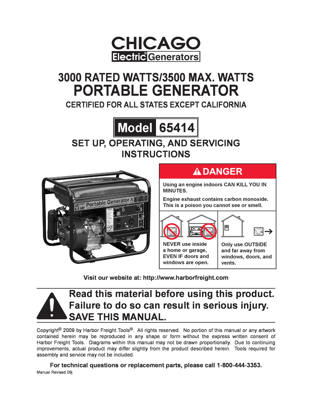 Chicago Electric 65414 manual certified for all states except california, portable generator, Model 