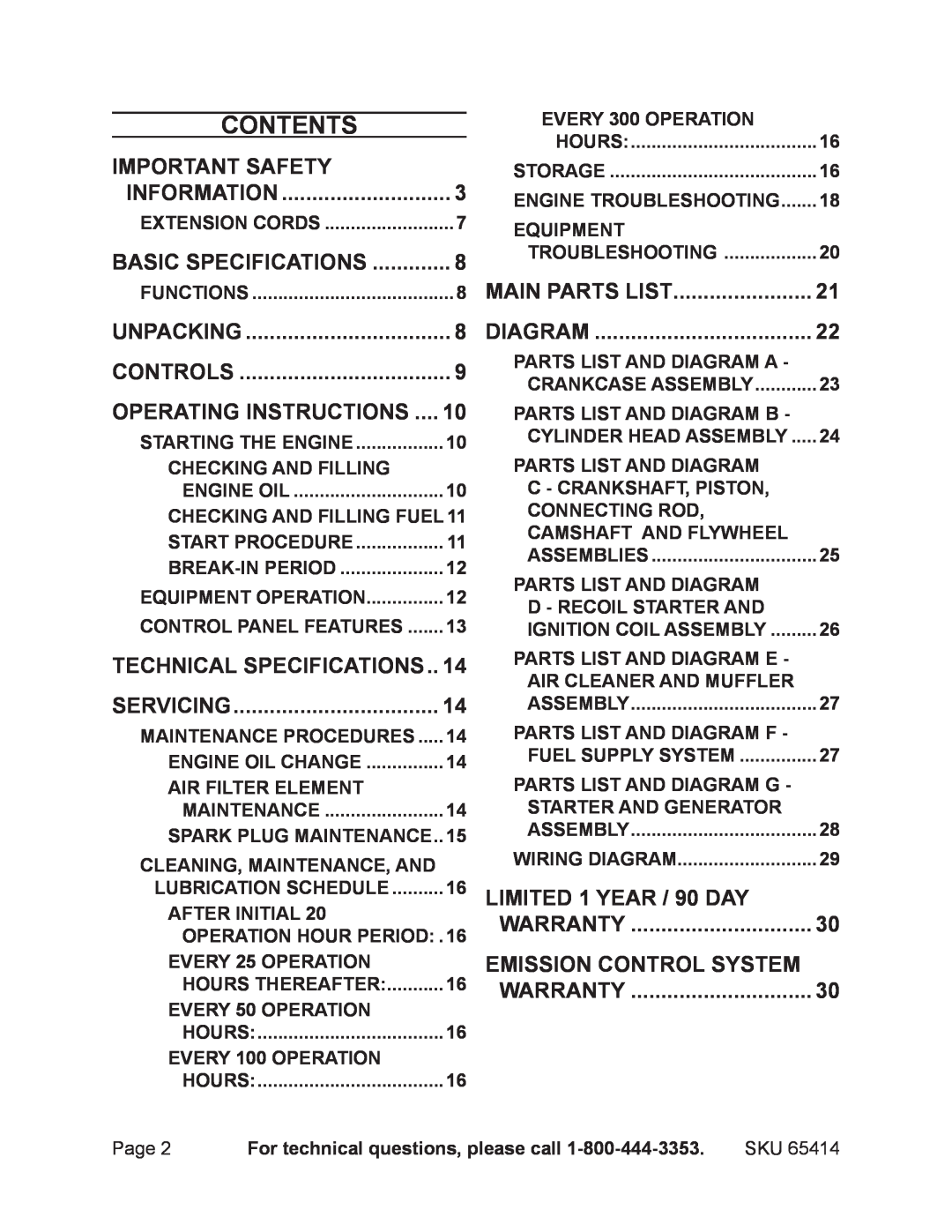 Chicago Electric 65414 manual Contents 
