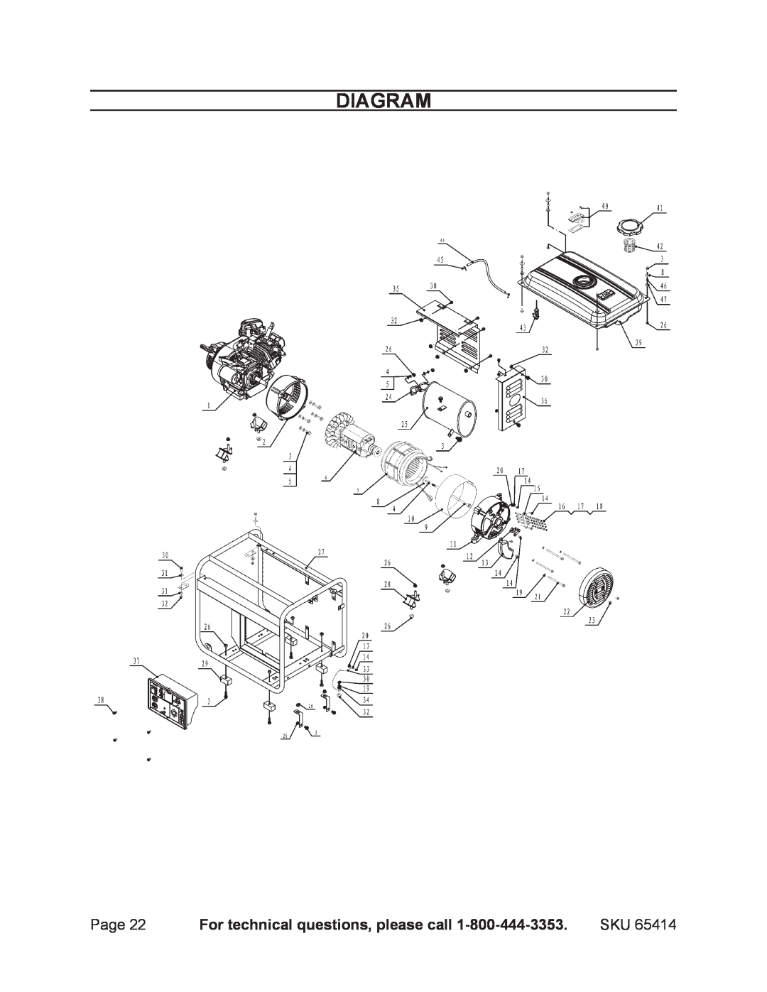 Chicago Electric 65414 manual Diagram, For technical questions, please call 