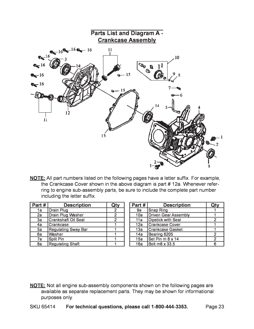 Chicago Electric 65414 Parts List and Diagram A Crankcase Assembly, Description, For technical questions, please call 