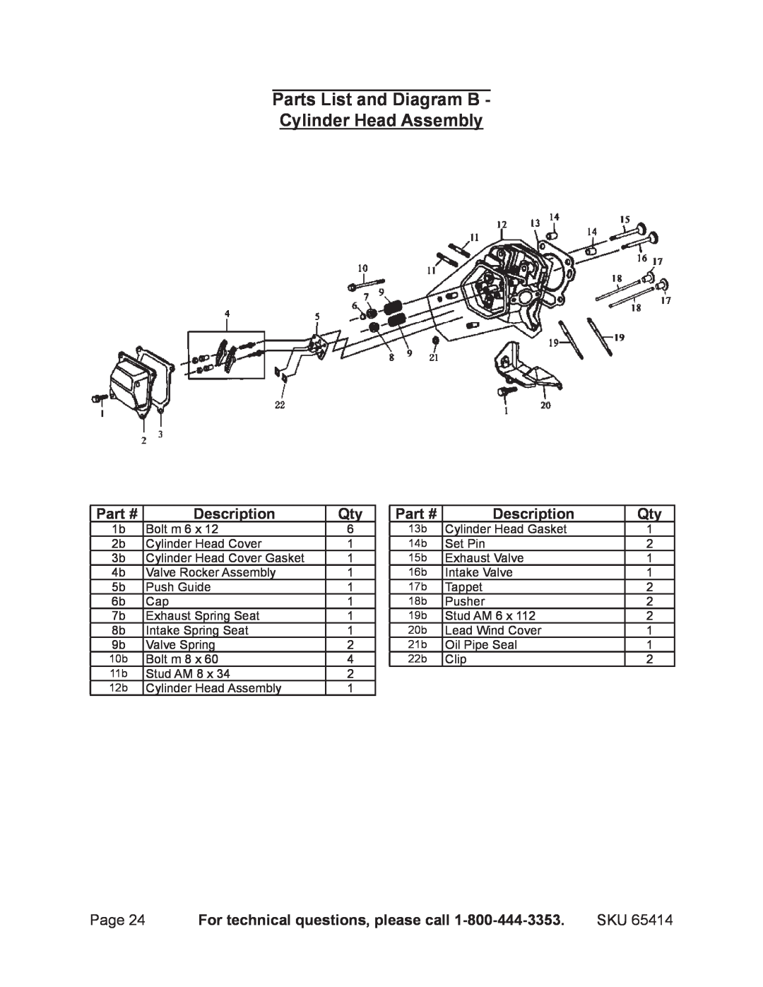 Chicago Electric 65414 Parts List and Diagram B Cylinder Head Assembly, Description, For technical questions, please call 