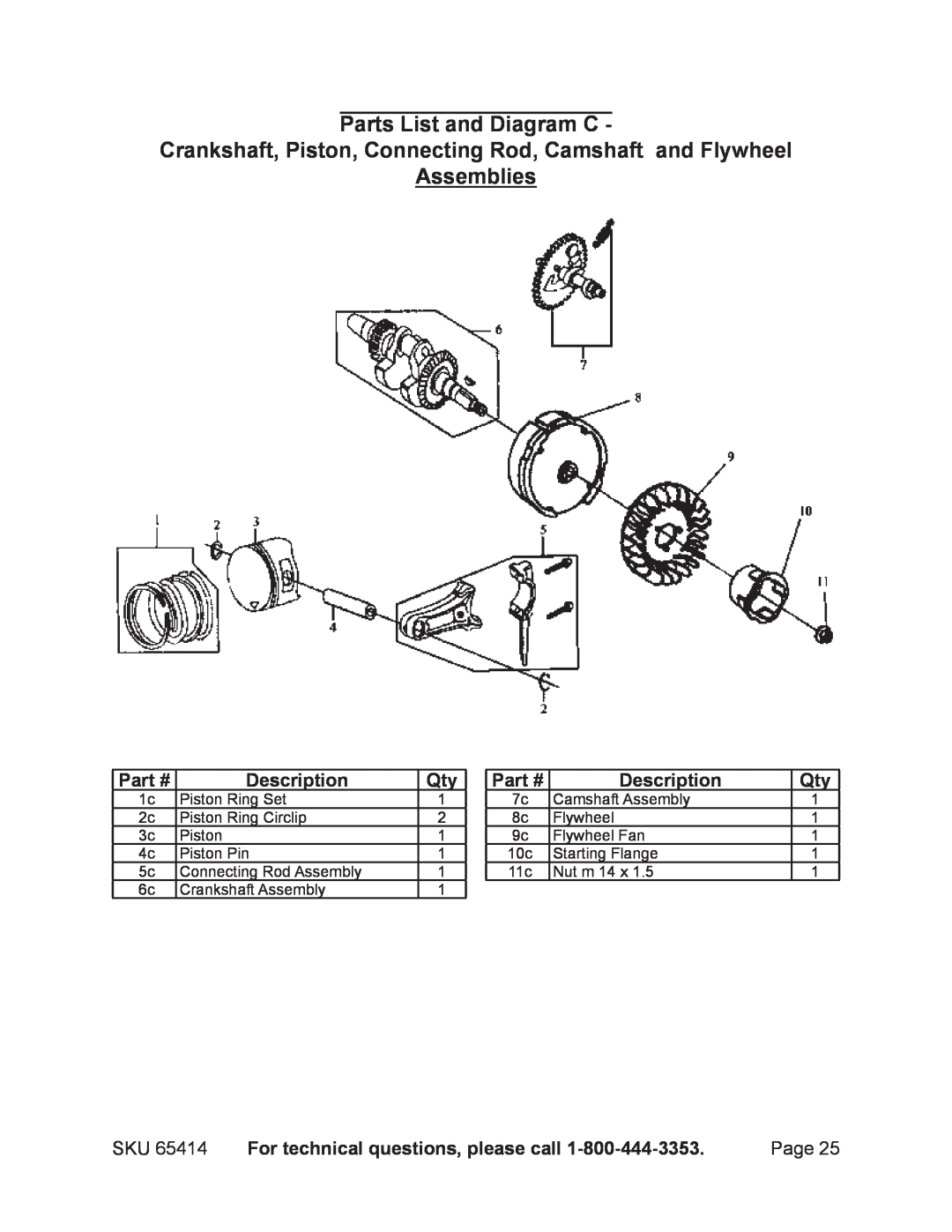 Chicago Electric 65414 Parts List and Diagram C, Crankshaft, Piston, Connecting Rod, Camshaft and Flywheel Assemblies 
