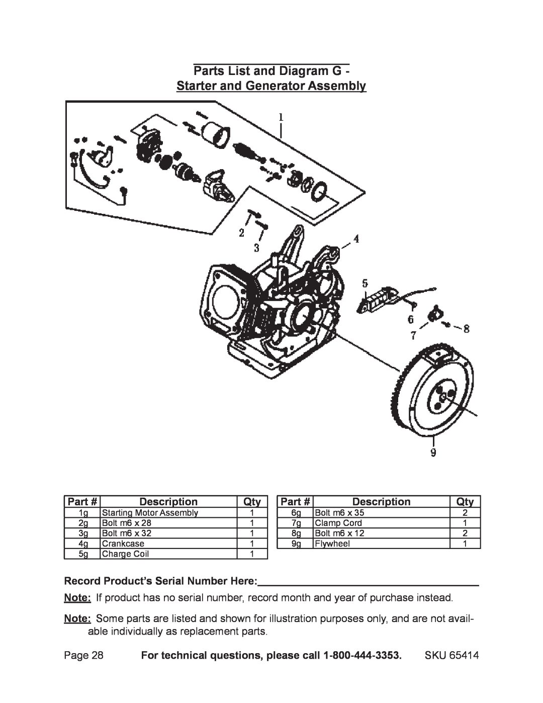 Chicago Electric 65414 manual Parts List and Diagram G Starter and Generator Assembly, Description 