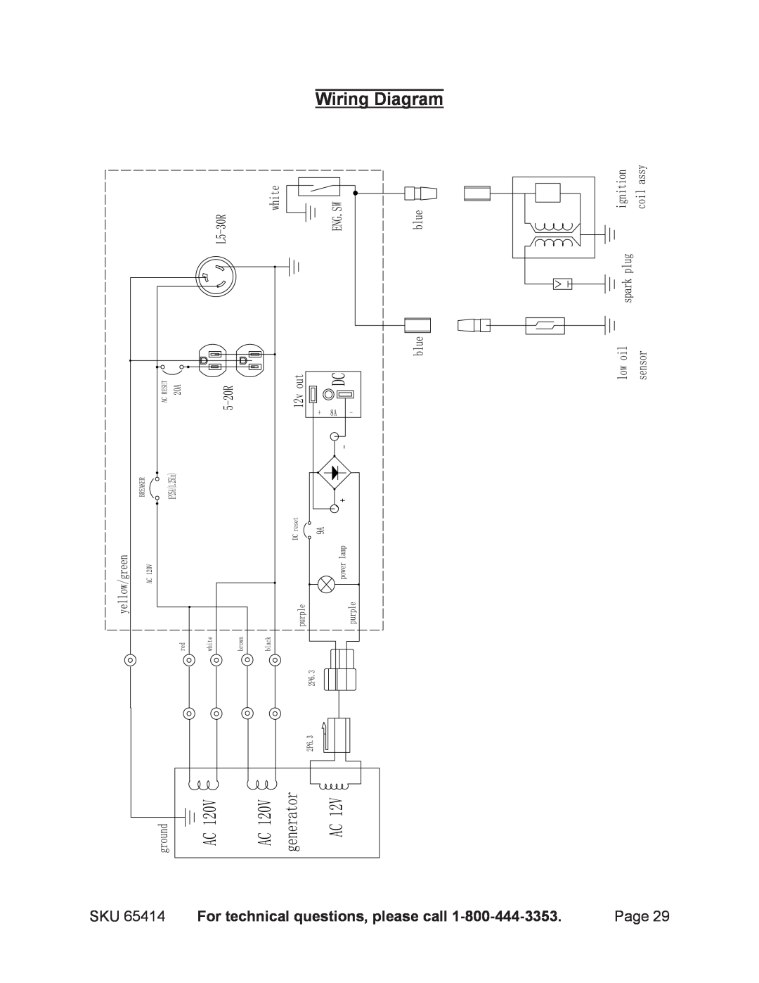 Chicago Electric 65414 manual Wiring Diagram, For technical questions, please call 