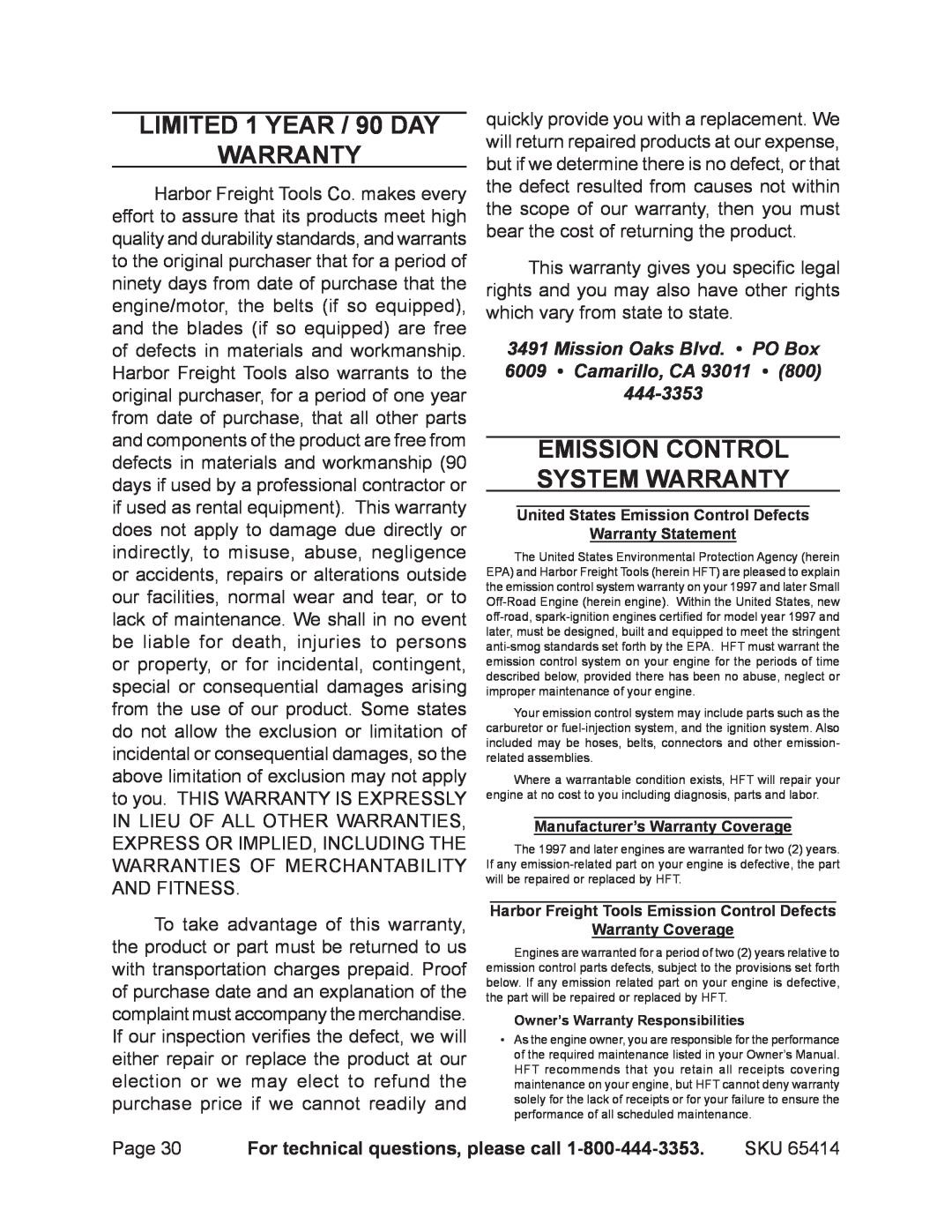 Chicago Electric 65414 manual Limited 1 year / 90 Day warranty, Emission Control System Warranty 