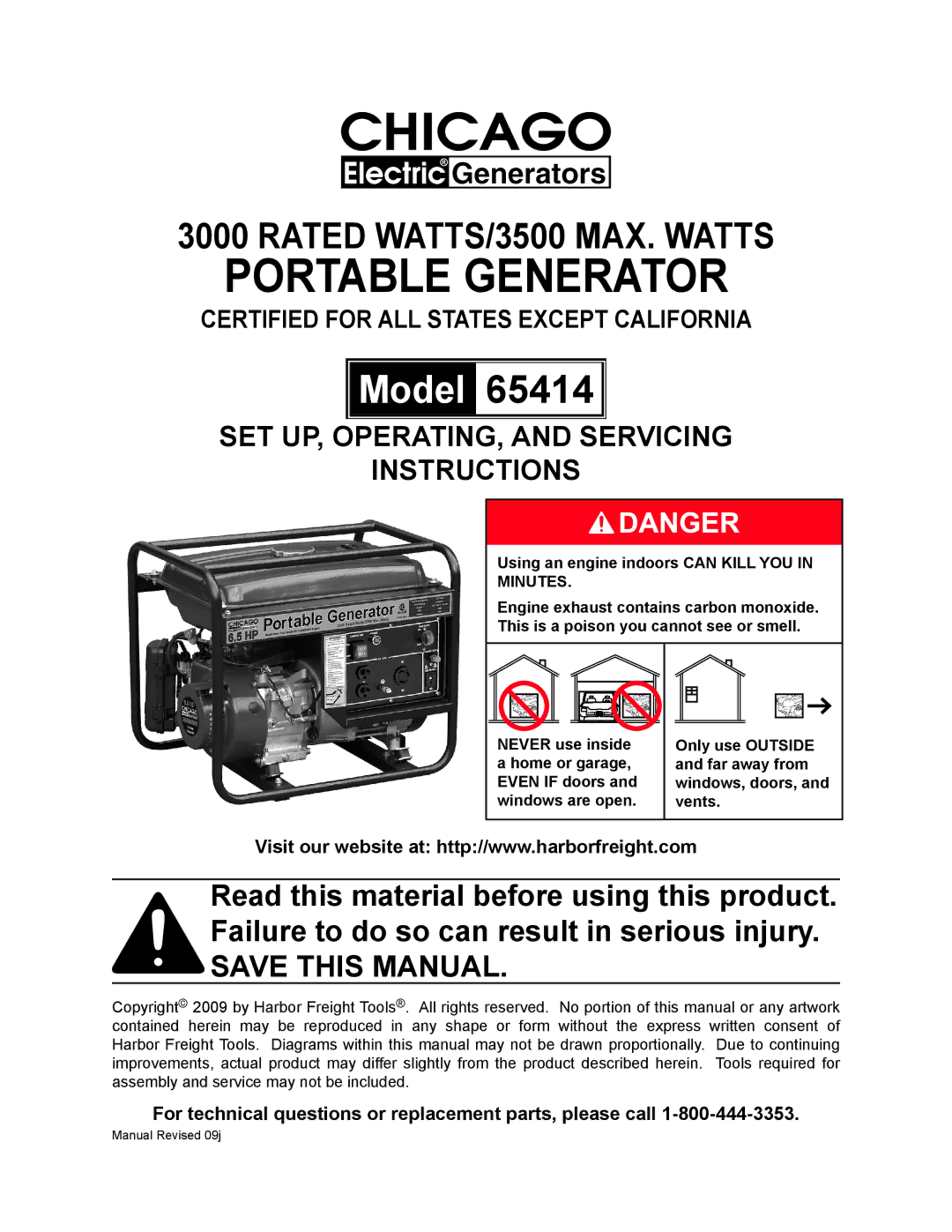 Chicago Electric 65414 manual Certified for all states except california 