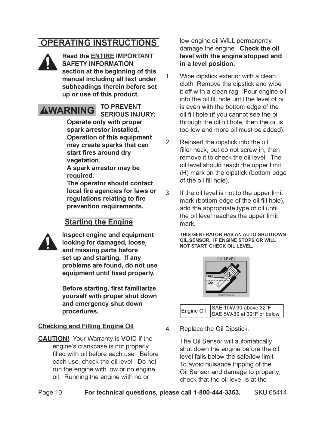 Chicago Electric 65414 manual Operating Instructions, Starting the Engine 