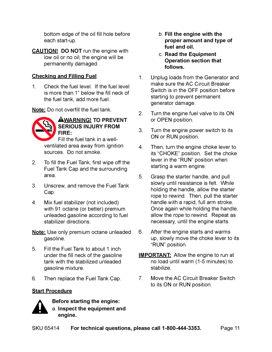 Chicago Electric 65414 manual Checking and Filling Fuel, SKU For technical questions, please call 