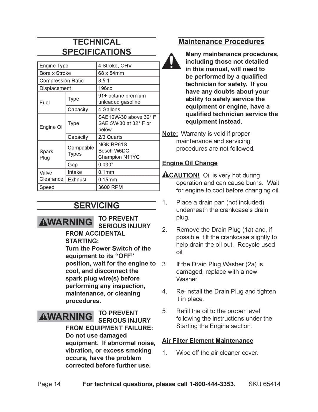 Chicago Electric 65414 manual Technical Specifications, Servicing, Maintenance Procedures, Air Filter Element Maintenance 