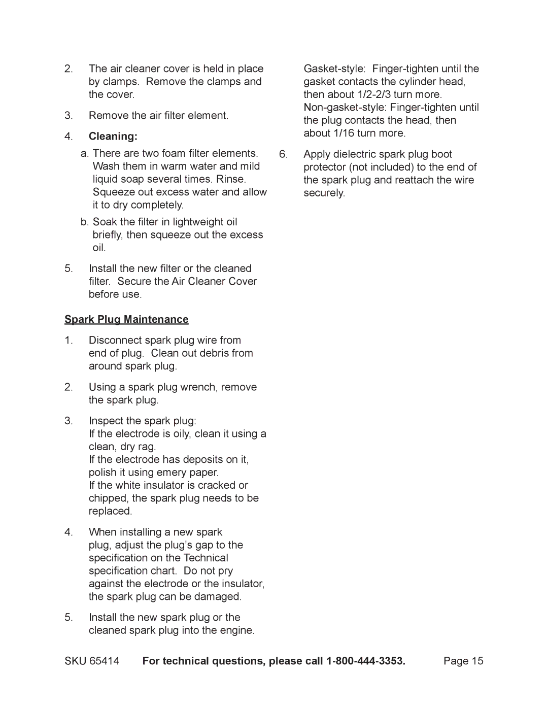 Chicago Electric 65414 manual Cleaning, Spark Plug Maintenance 