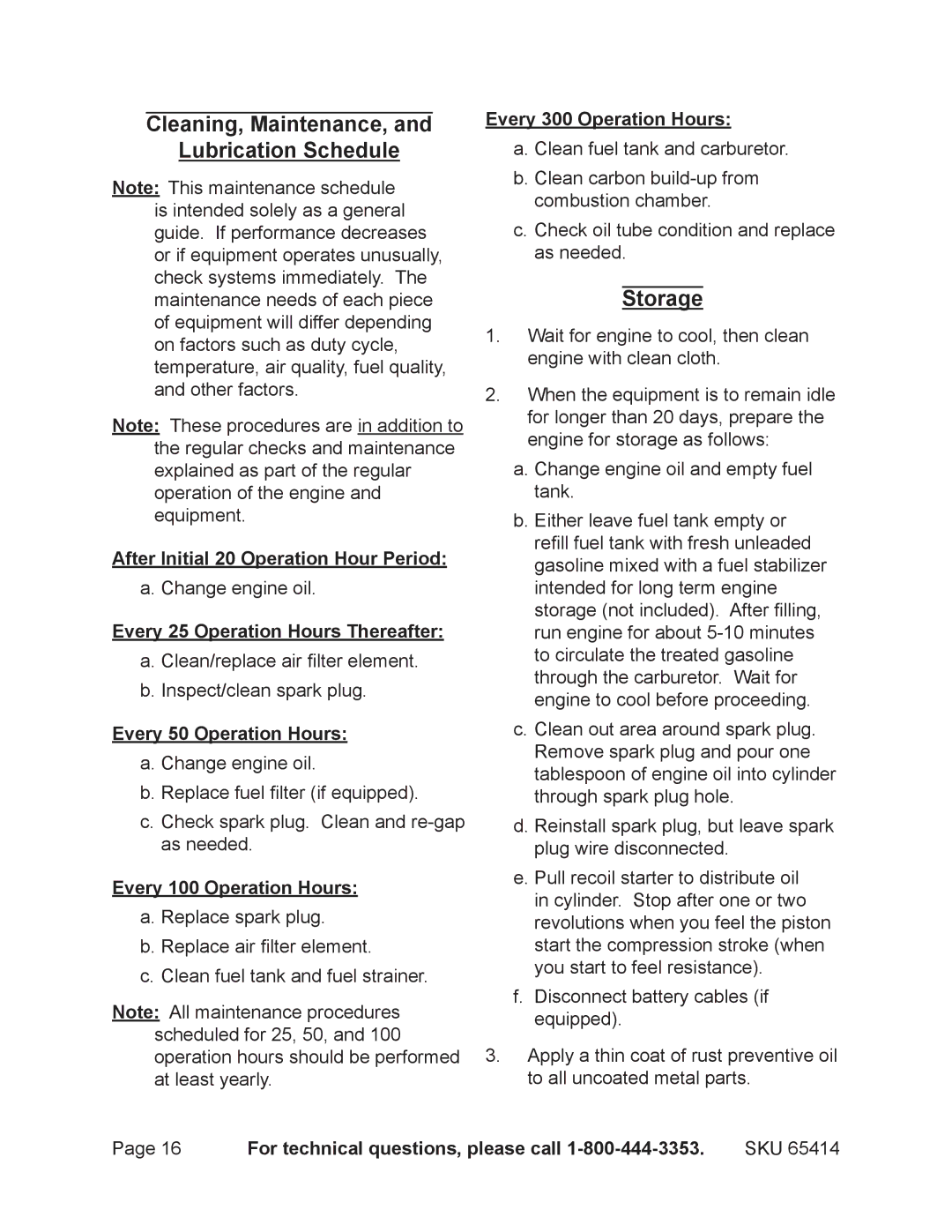 Chicago Electric 65414 manual Cleaning, Maintenance, Lubrication Schedule, Storage 