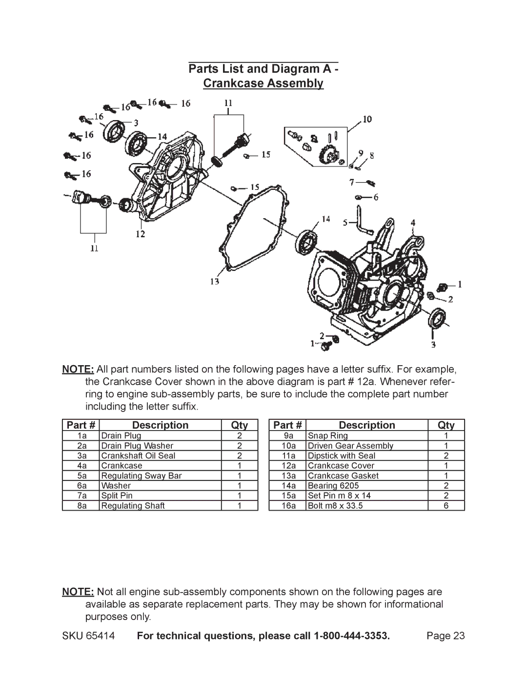 Chicago Electric 65414 manual Parts List and Diagram a Crankcase Assembly, Description Qty 