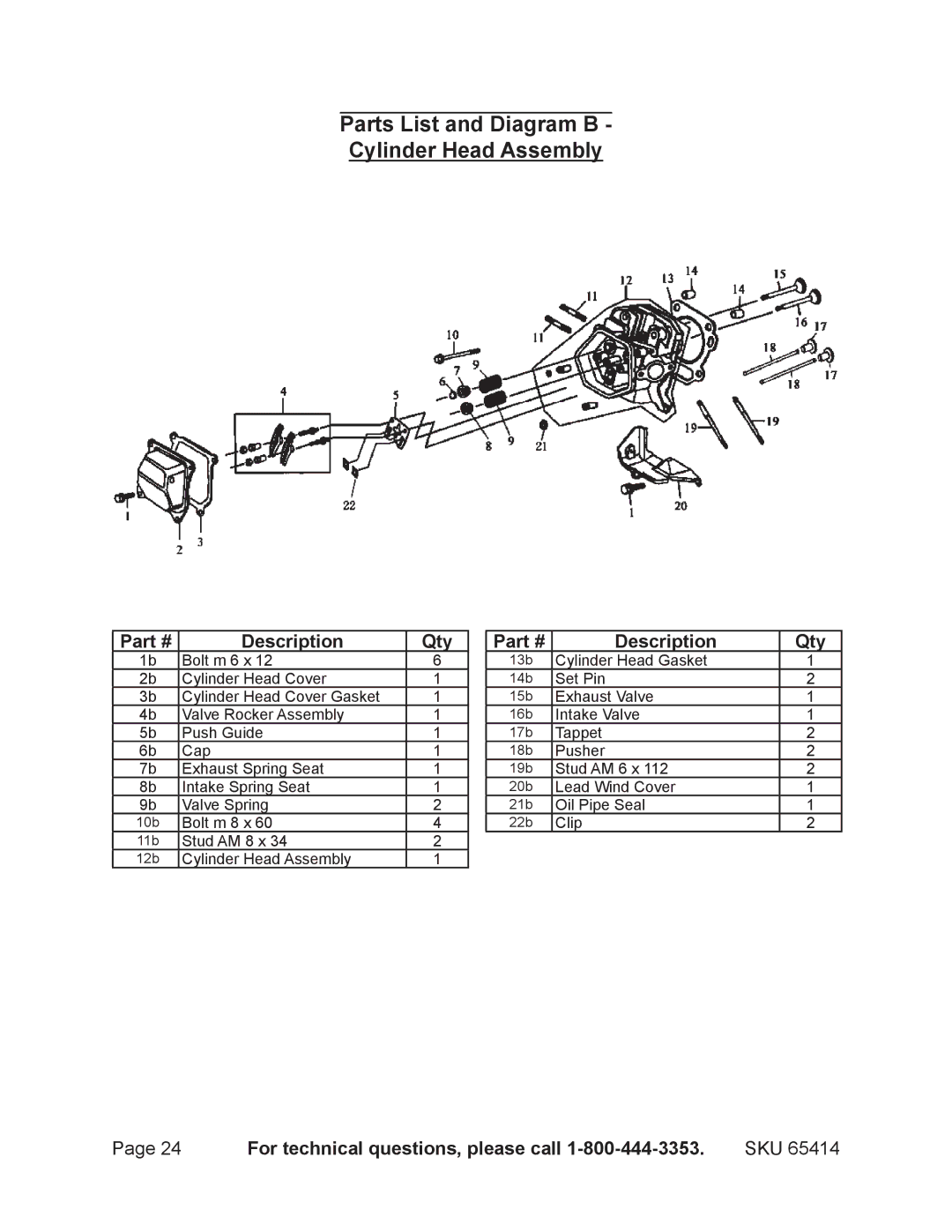 Chicago Electric 65414 manual Parts List and Diagram B Cylinder Head Assembly 