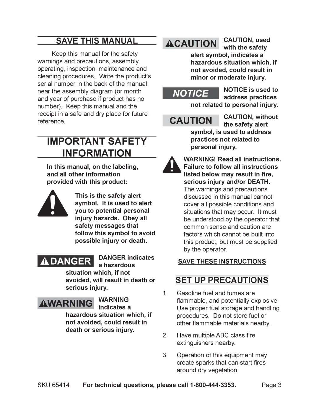 Chicago Electric 65414 manual Save This Manual, Set up precautions 