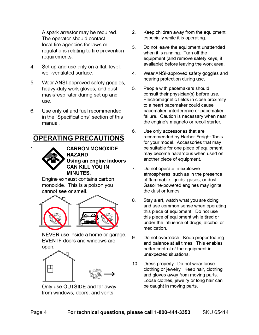 Chicago Electric 65414 manual Operating precautions, Carbon Monoxide Hazard Using an engine indoors 