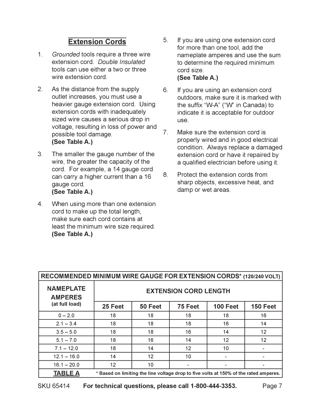 Chicago Electric 65414 manual Extension Cords, See Table a, Feet 