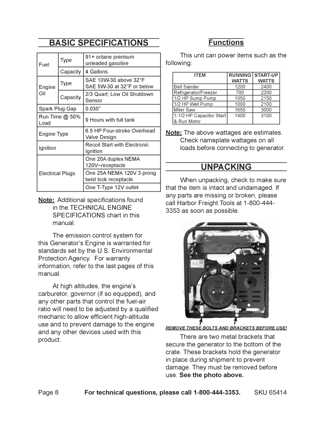 Chicago Electric 65414 manual Basic Specifications, Unpacking, Functions 