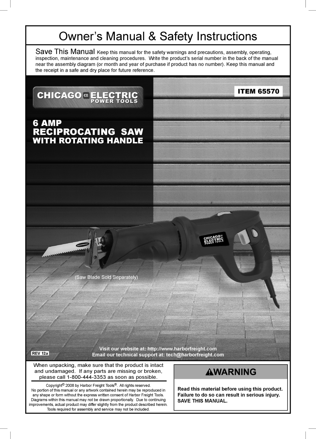 Chicago Electric 65570 owner manual Reciprocating SAW 