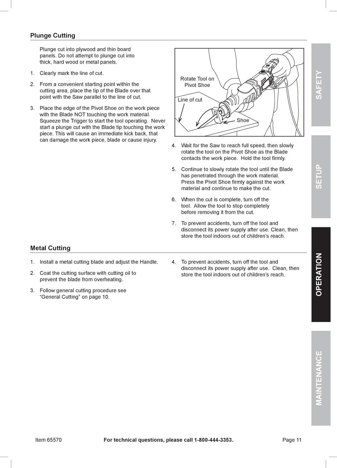 Chicago Electric 65570 owner manual Plunge Cutting, Metal Cutting 