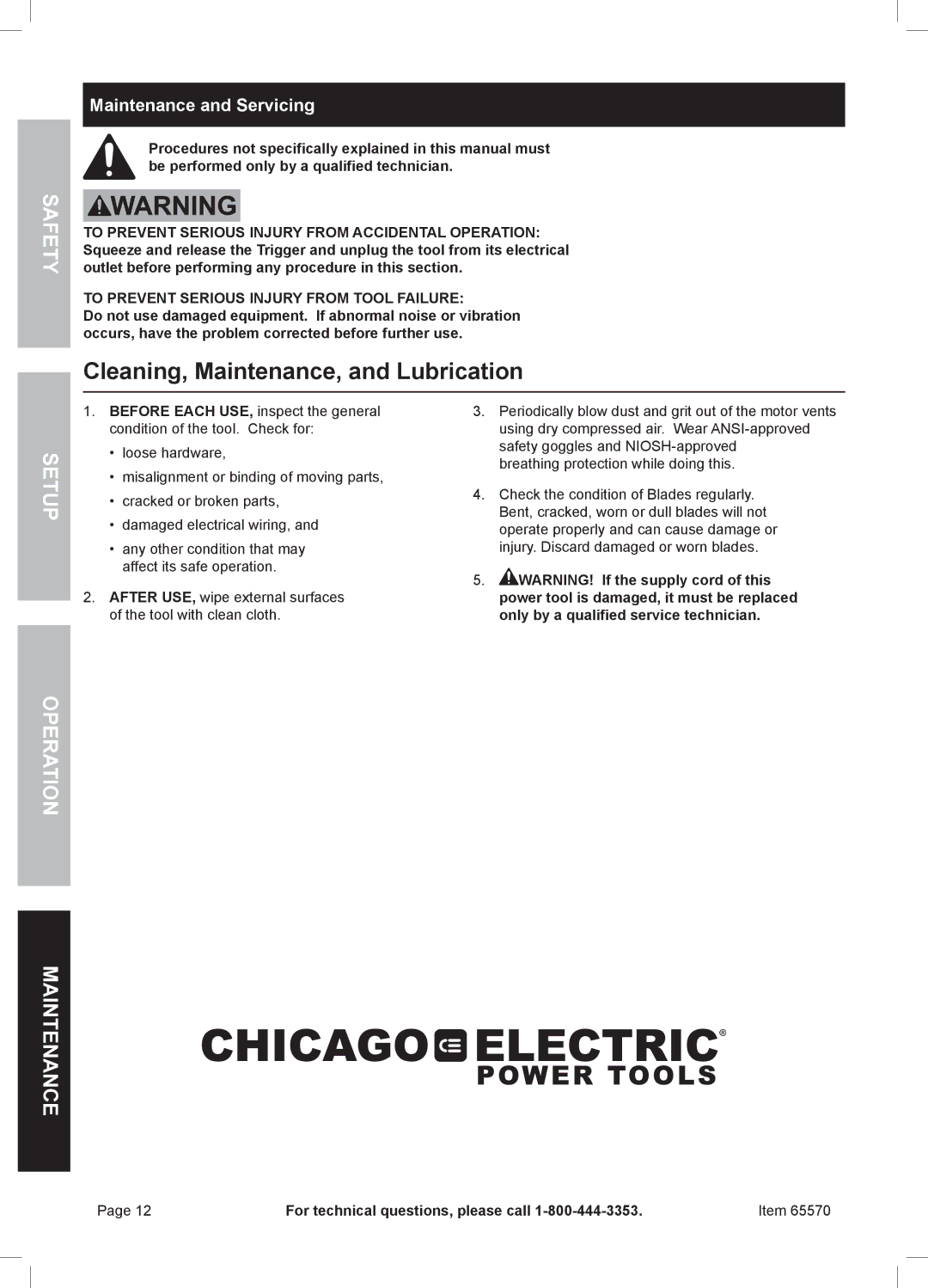 Chicago Electric 65570 owner manual Cleaning, Maintenance, and Lubrication, Maintenance and Servicing 