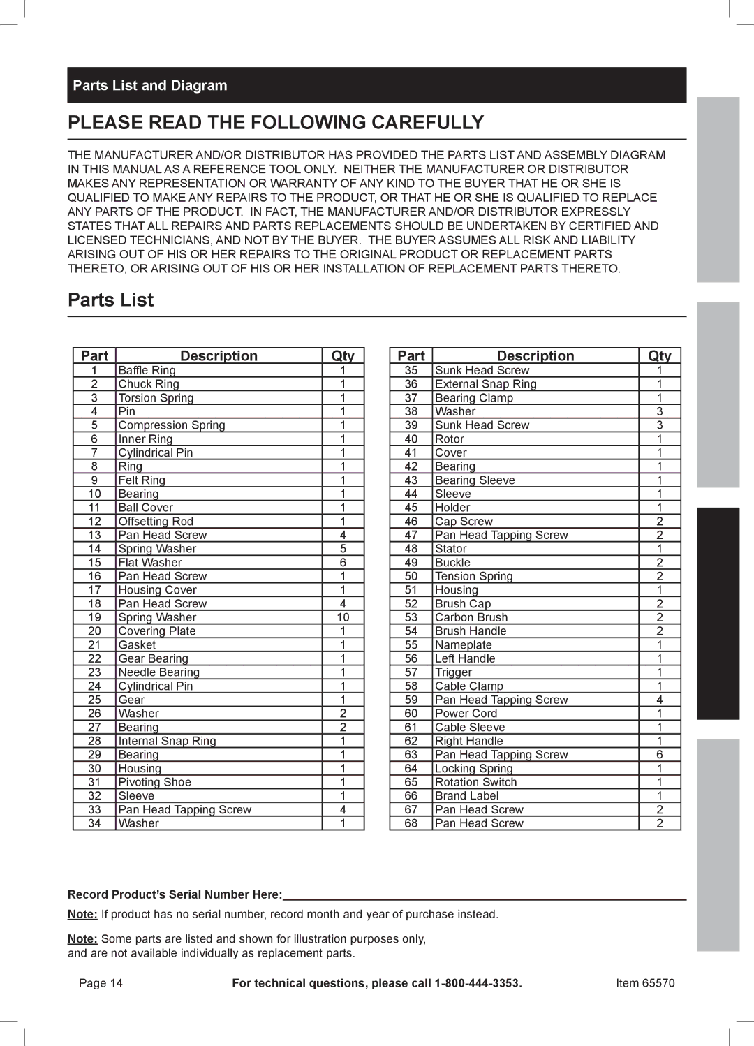 Chicago Electric 65570 owner manual Parts List and Diagram, Part Description Qty 