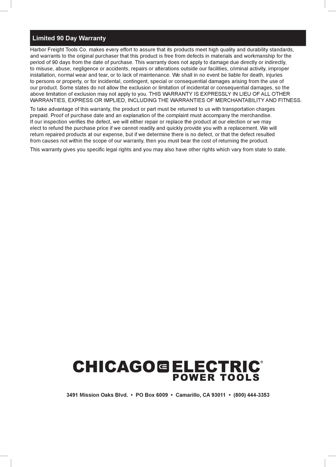 Chicago Electric 65570 owner manual Limited 90 Day Warranty 