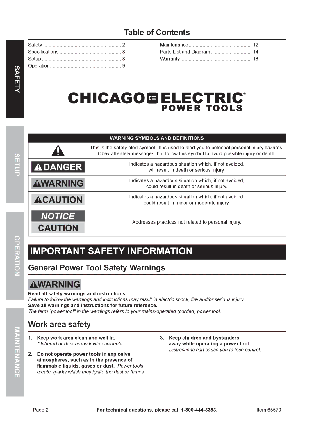 Chicago Electric 65570 owner manual Table of Contents, General Power Tool Safety Warnings, Work area safety 