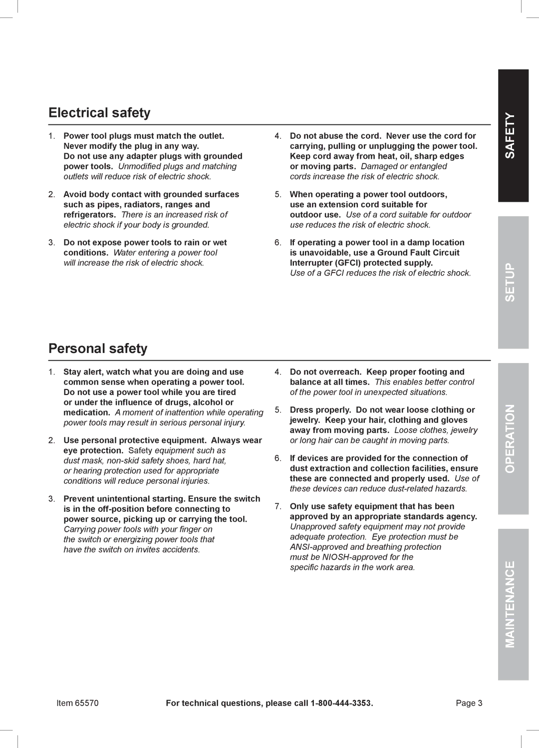 Chicago Electric 65570 owner manual Electrical safety, Personal safety, Safety Setup Operation Maintenance 