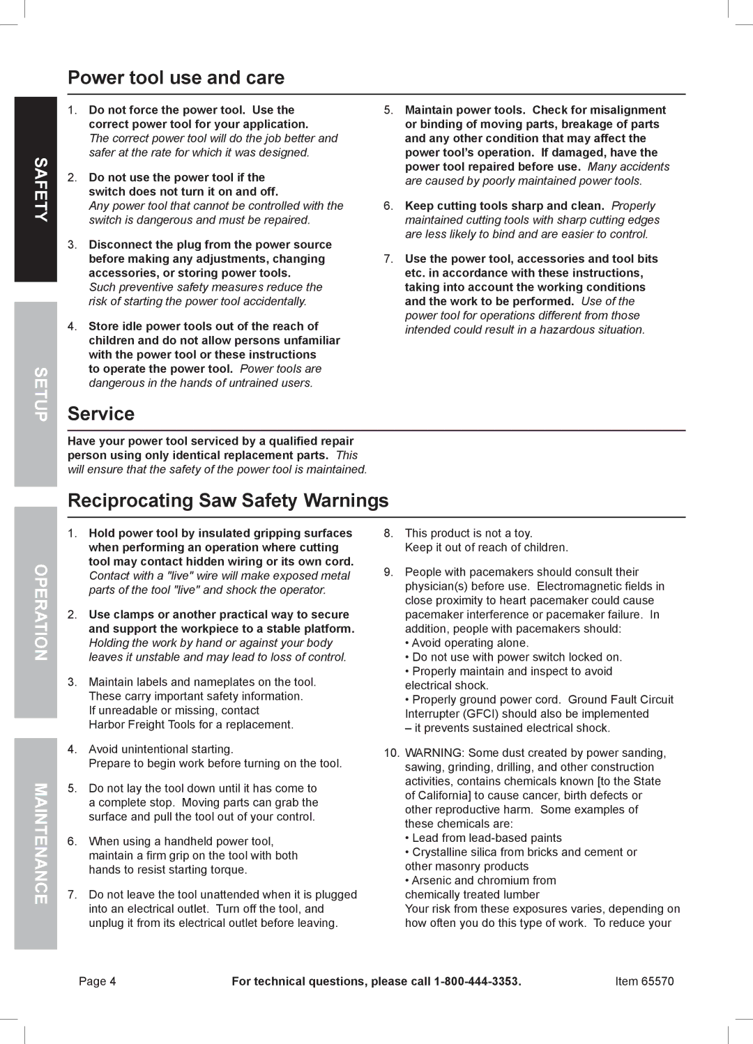 Chicago Electric 65570 Power tool use and care, Service, Reciprocating Saw Safety Warnings, Fet Sa, Rati Ope Maintenan 