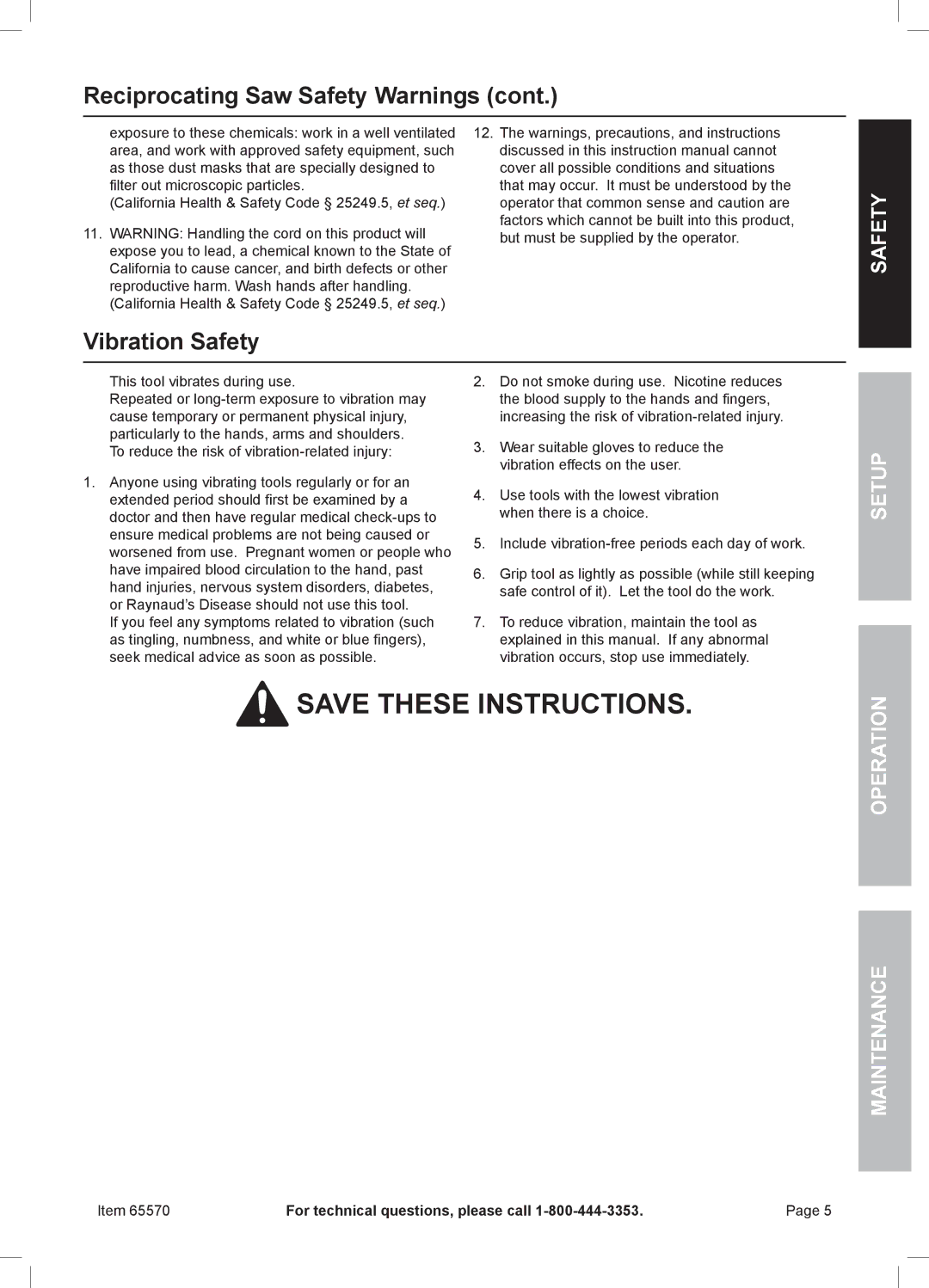 Chicago Electric 65570 owner manual Vibration Safety, Setup Operation Maintenance 