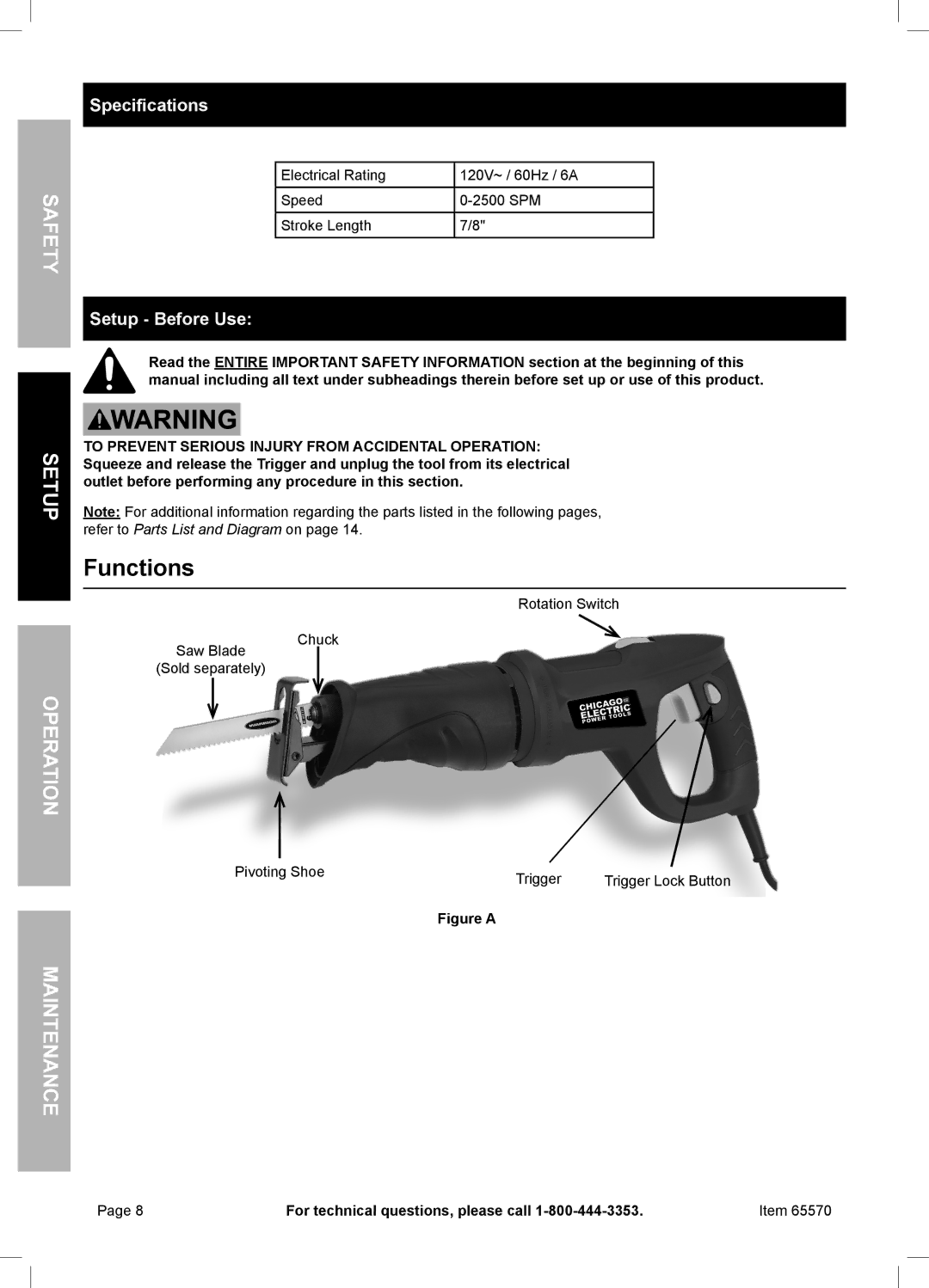 Chicago Electric 65570 owner manual Functions, No ati, Ope Maintenan, Specifications, Setup Before Use 