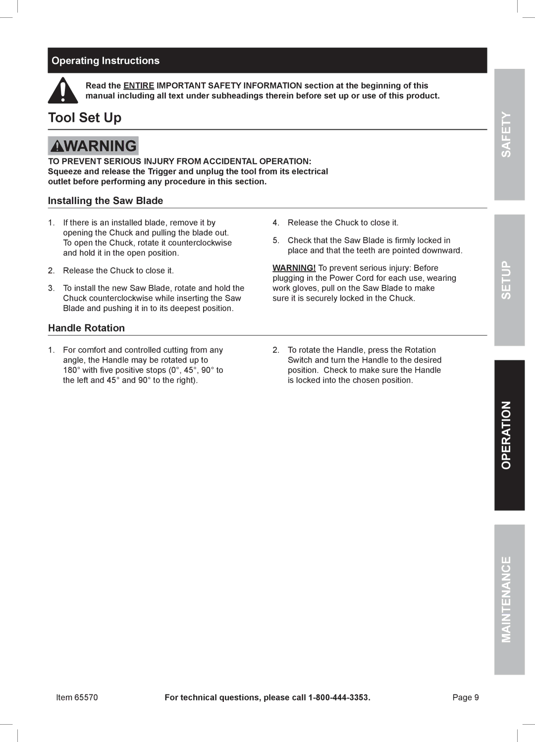 Chicago Electric 65570 owner manual Tool Set Up, Operating Instructions, Installing the Saw Blade, Handle Rotation 