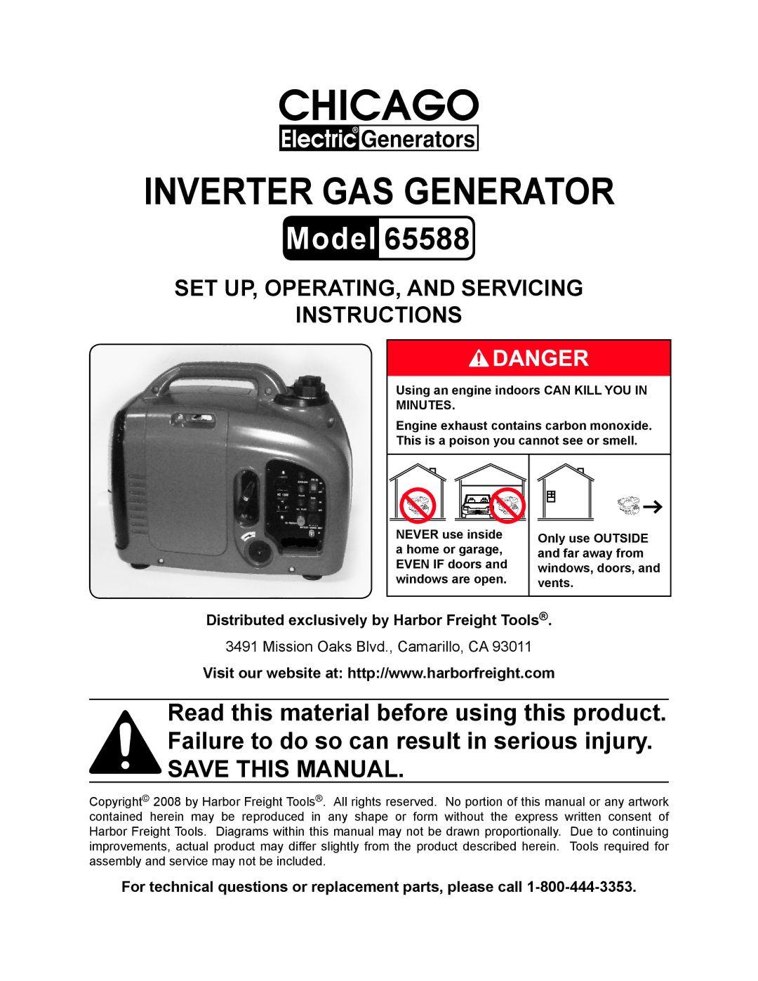 Chicago Electric 65588 manual Distributed exclusively by Harbor Freight Tools 