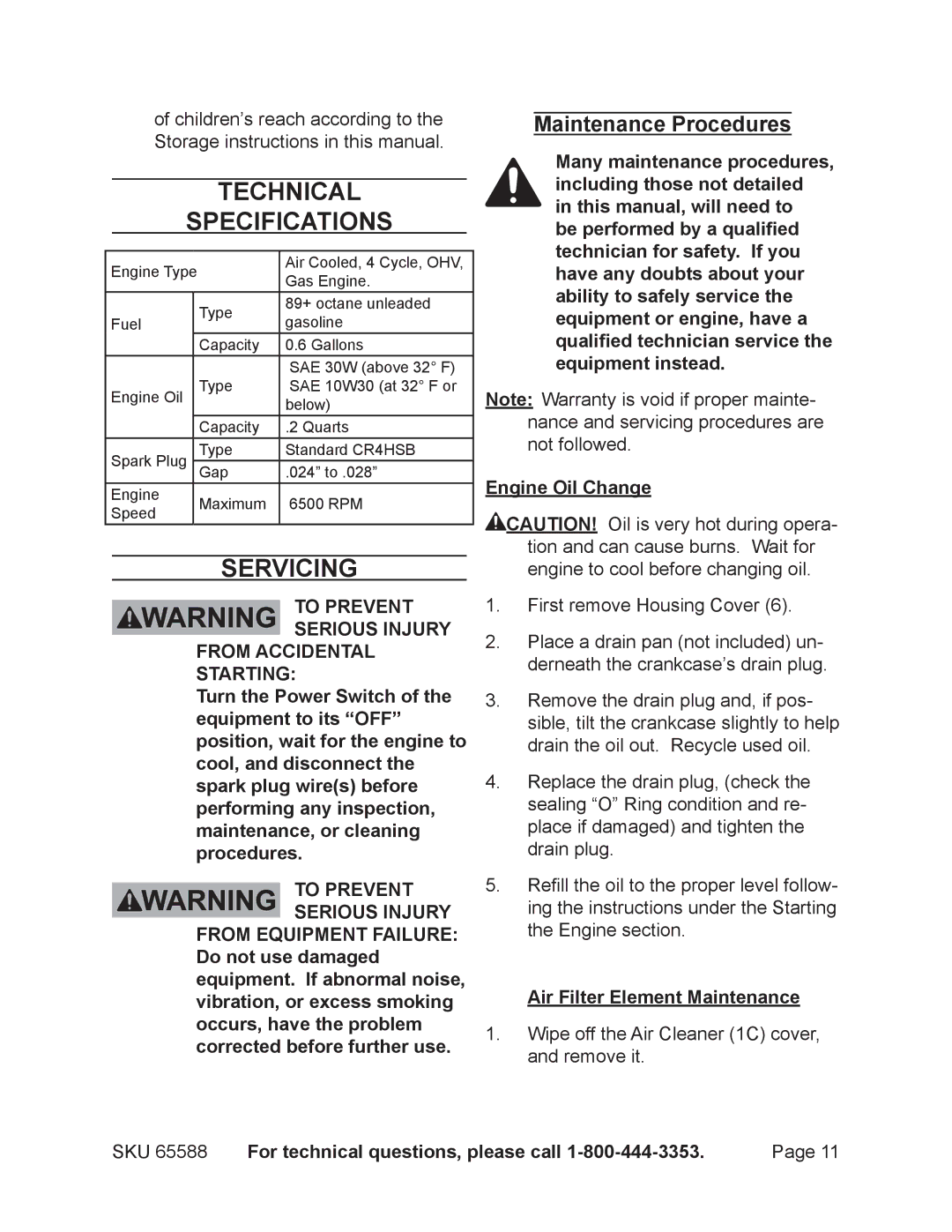 Chicago Electric 65588 manual Technical Specifications, Servicing, Maintenance Procedures, Air Filter Element Maintenance 