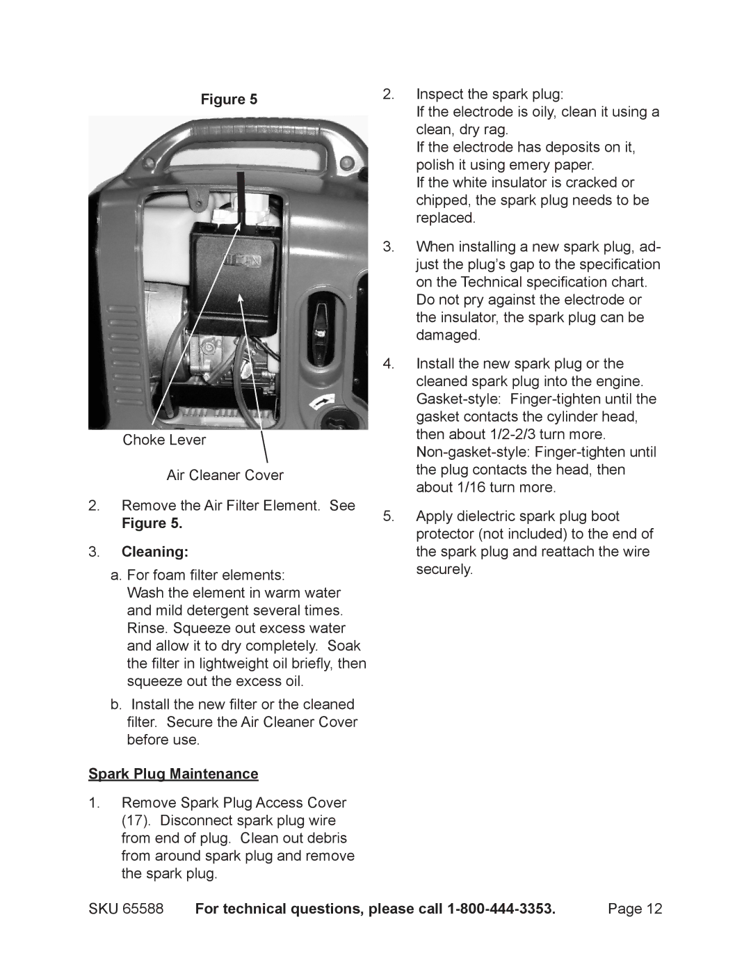 Chicago Electric 65588 manual Cleaning, Spark Plug Maintenance 