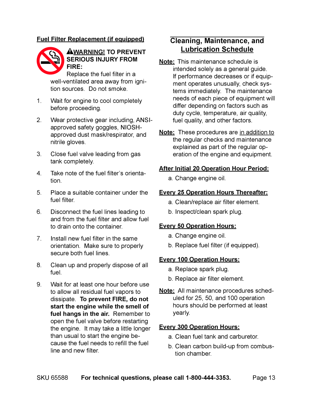 Chicago Electric 65588 manual Cleaning, Maintenance, Lubrication Schedule 