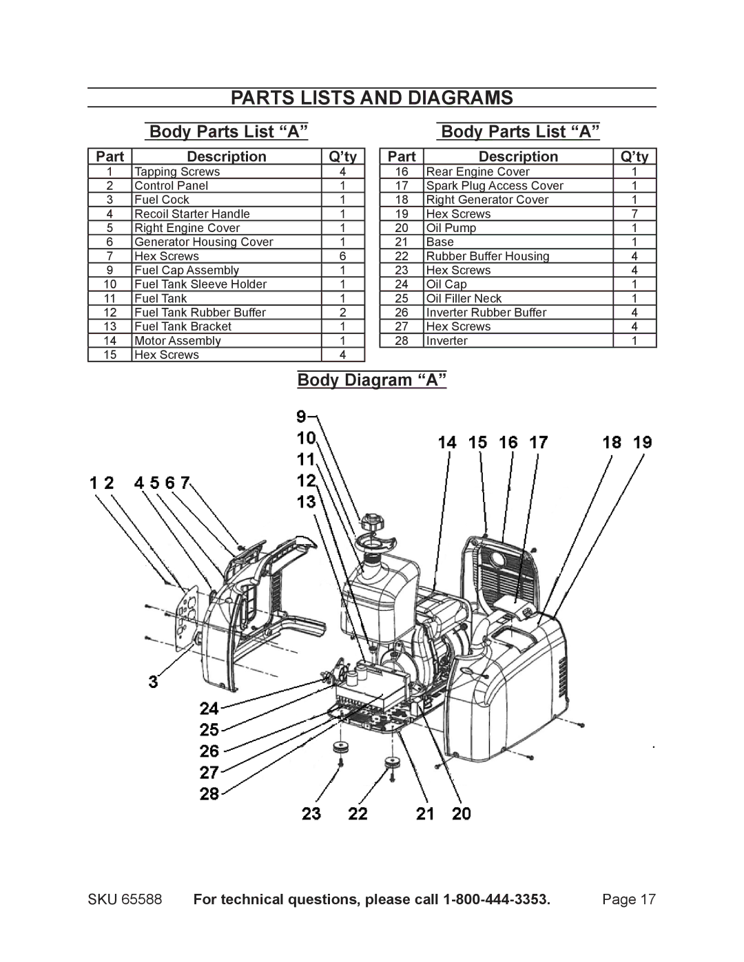 Chicago Electric 65588 manual Parts Lists and Diagrams, Body Parts List a, Body Diagram a, Part Description ’ty 