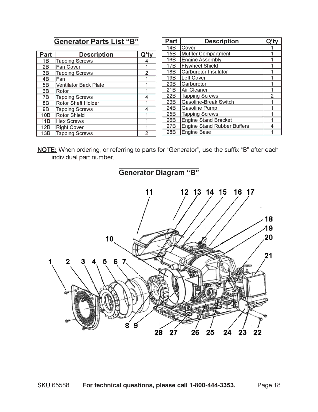 Chicago Electric 65588 manual Generator Parts List B, Generator Diagram B 