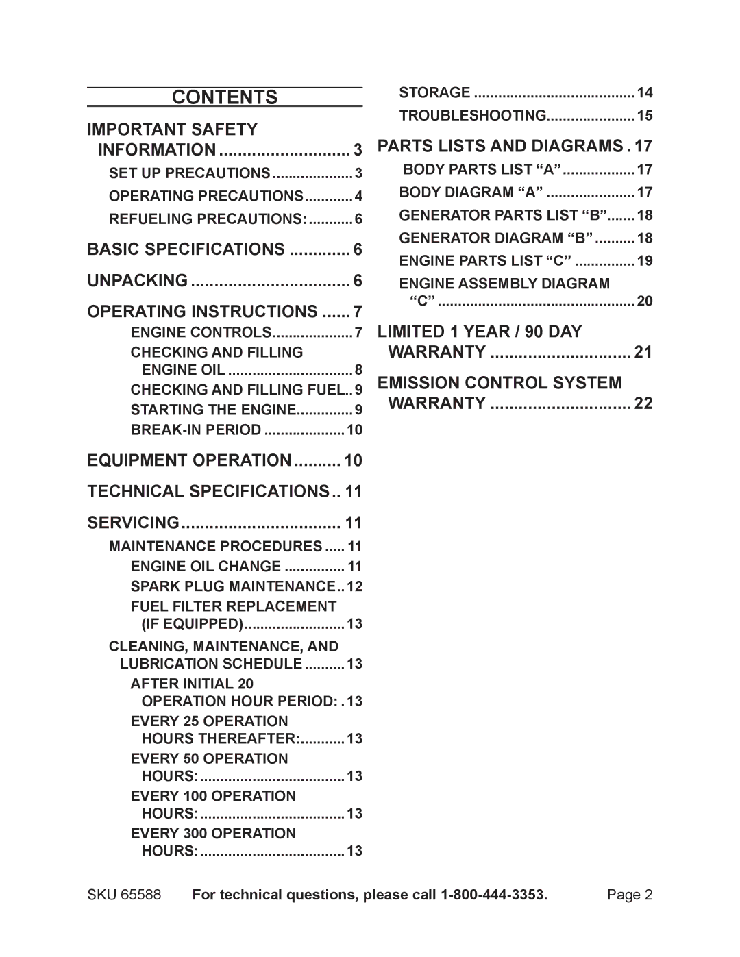 Chicago Electric 65588 manual Contents 