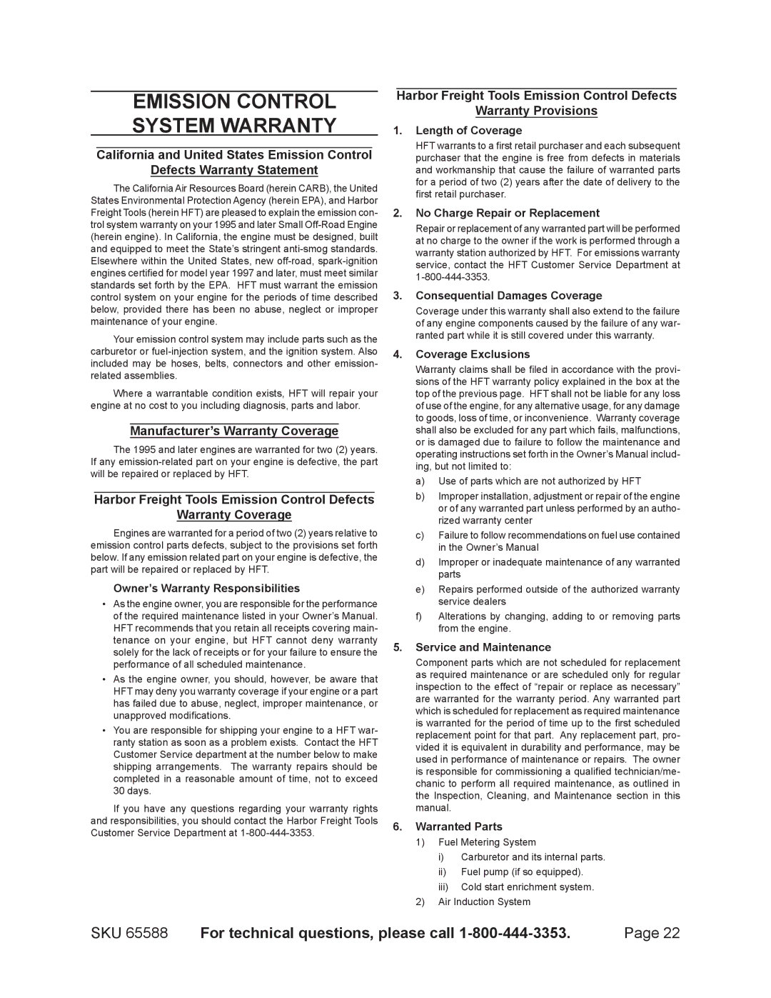 Chicago Electric 65588 manual Emission Control System Warranty, Manufacturer’s Warranty Coverage 