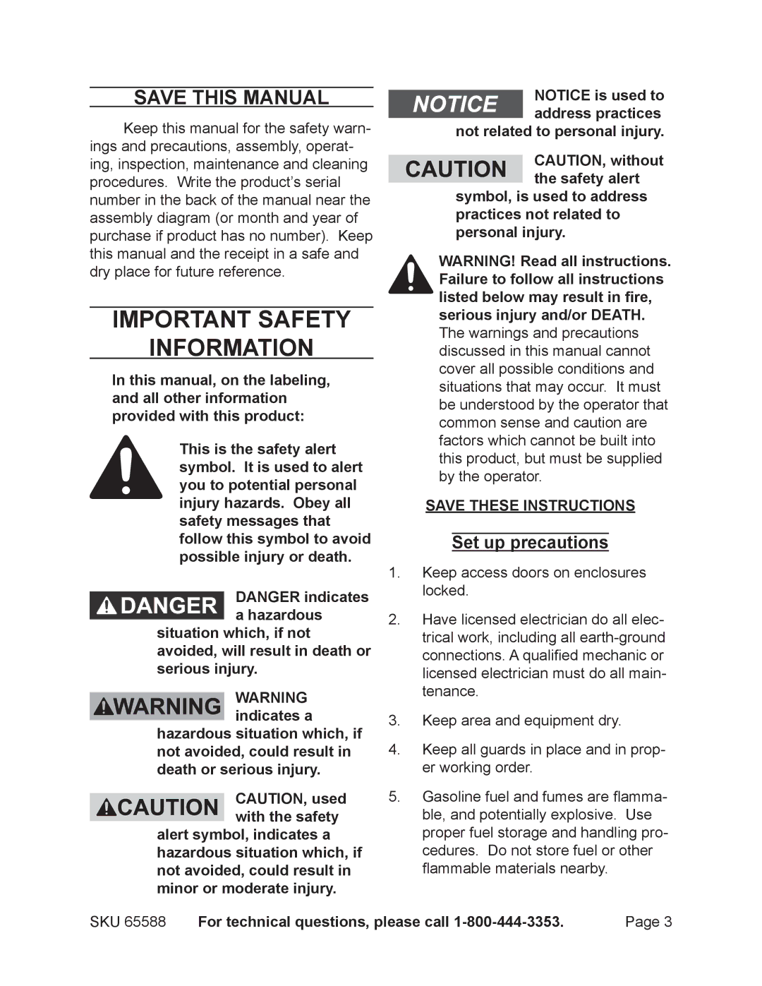 Chicago Electric 65588 manual Save This Manual, Set up precautions 